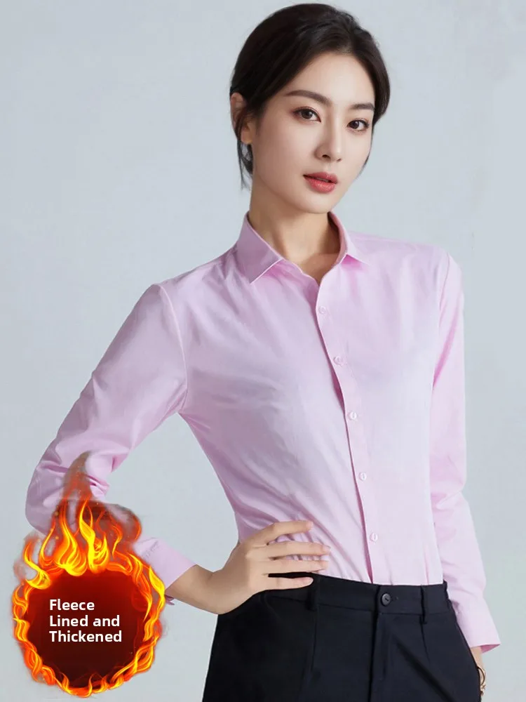 Pink Fleece Lined Long Sleeve Shirt Women's Thickened Base Layer Shirt Stand Collar Lightweight Luxury Shirt Autumn Winter