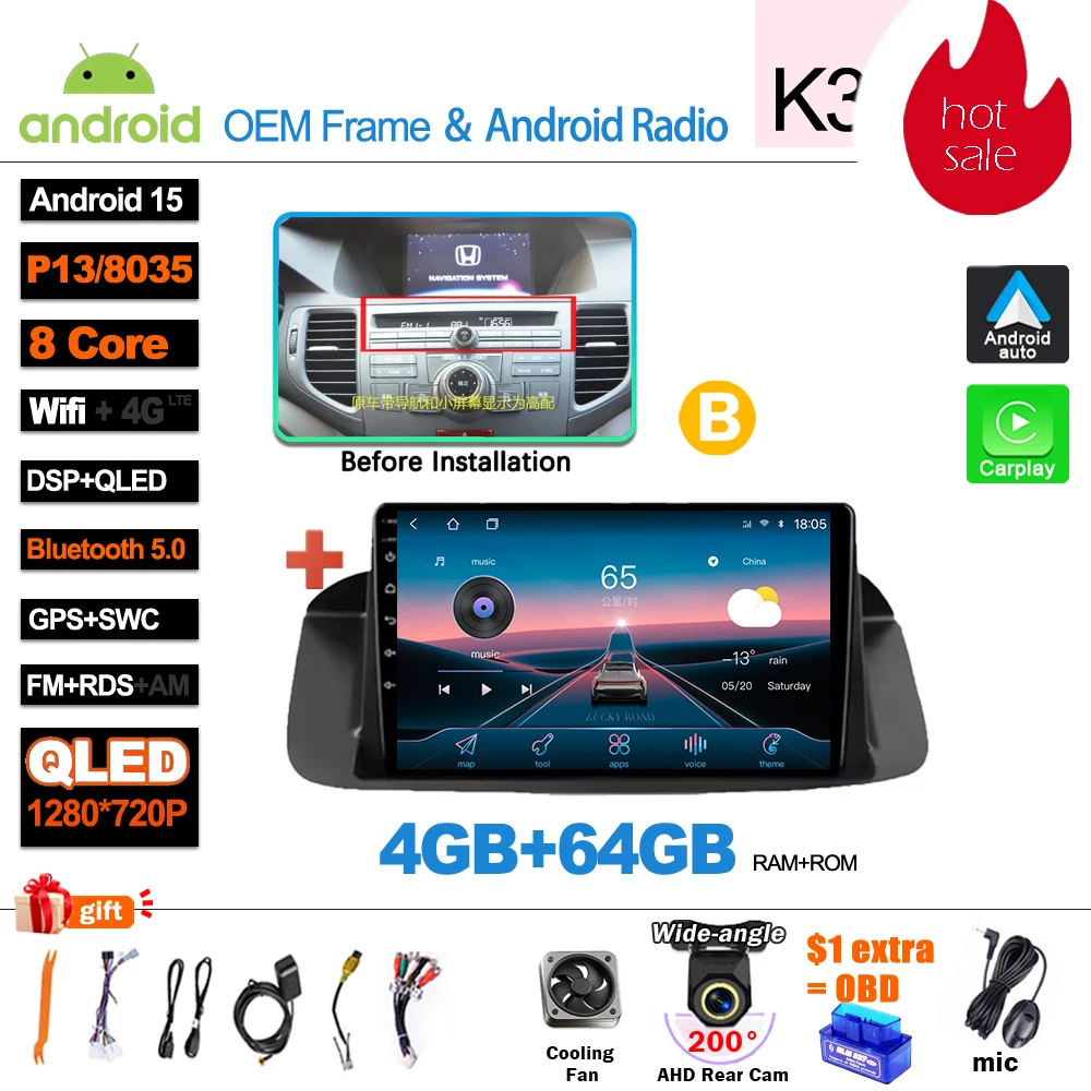 Android 16 Auto radio voor Honda Accord 8 Spirior 2008 2009 2010 2011 2012 2013 multimediasysteem videospeler autoradio GPS navigatie 5G