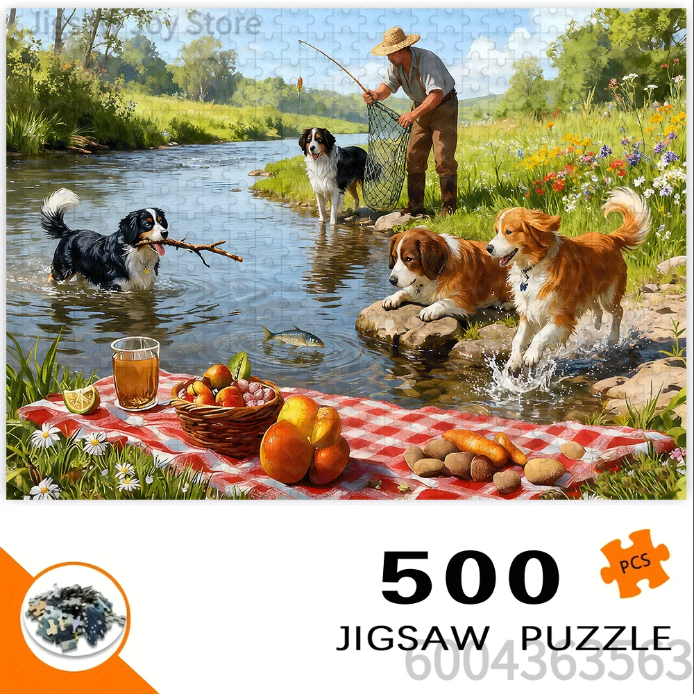 Jigsaw Puzzle 500-2000Pcs,River Fishing Puppies,Living Room Kittens,Funny Farm Ducks,Retro Countryside Spring Town Puzzle Decor