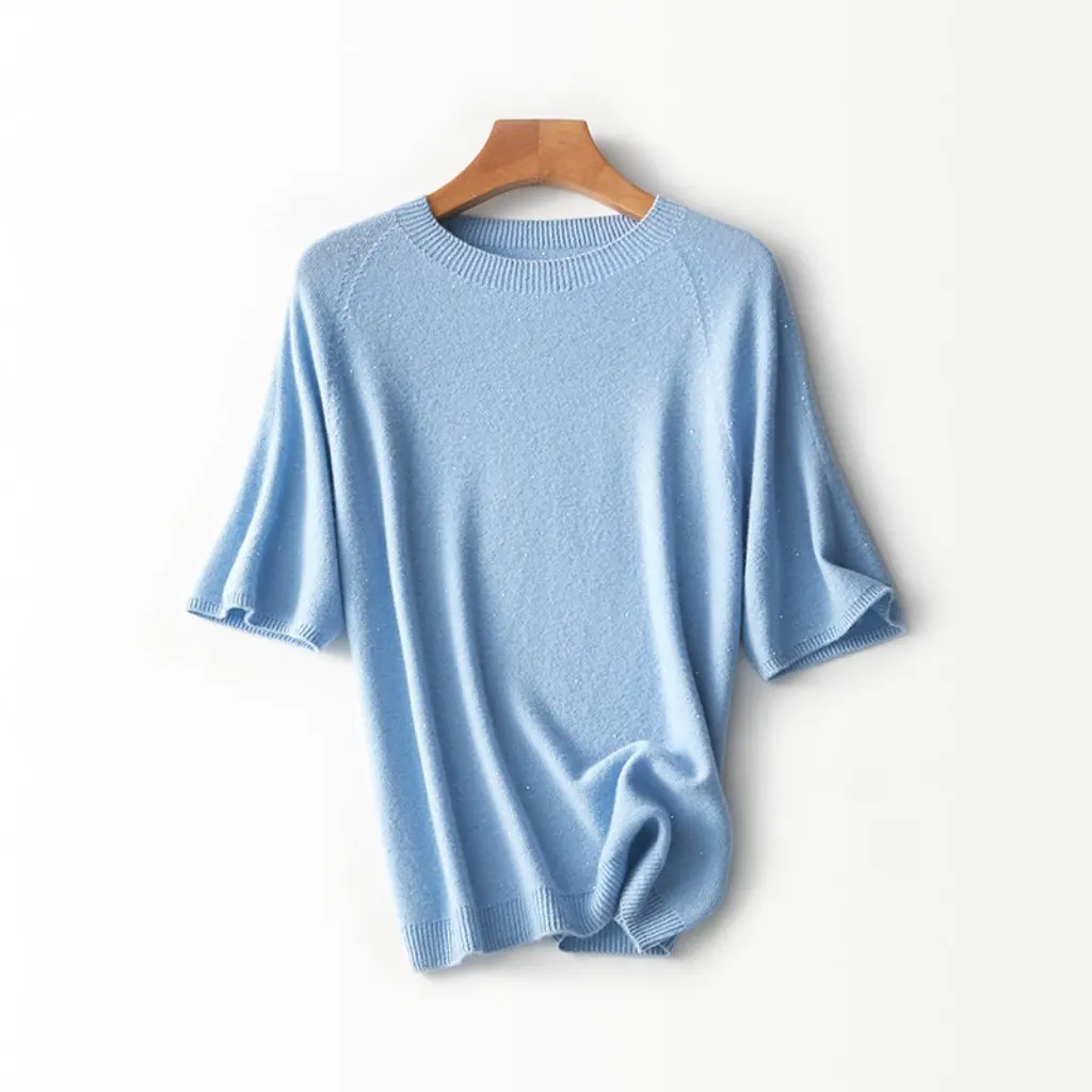 

Spring Island Seiki Solid Color Seamless Full Wool round Neck Mid-Sleeve Sweater Casual Temperament Top for Women Short Style