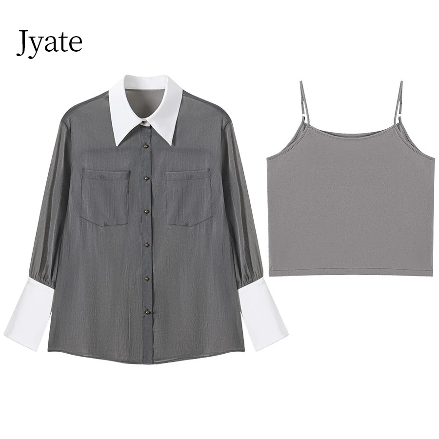 Jyate Spring Summer Gray Long Sleeve Women\'s Shirts French Thin Color Blocking Shirt With Sling Casual Vintage Woman Clothing