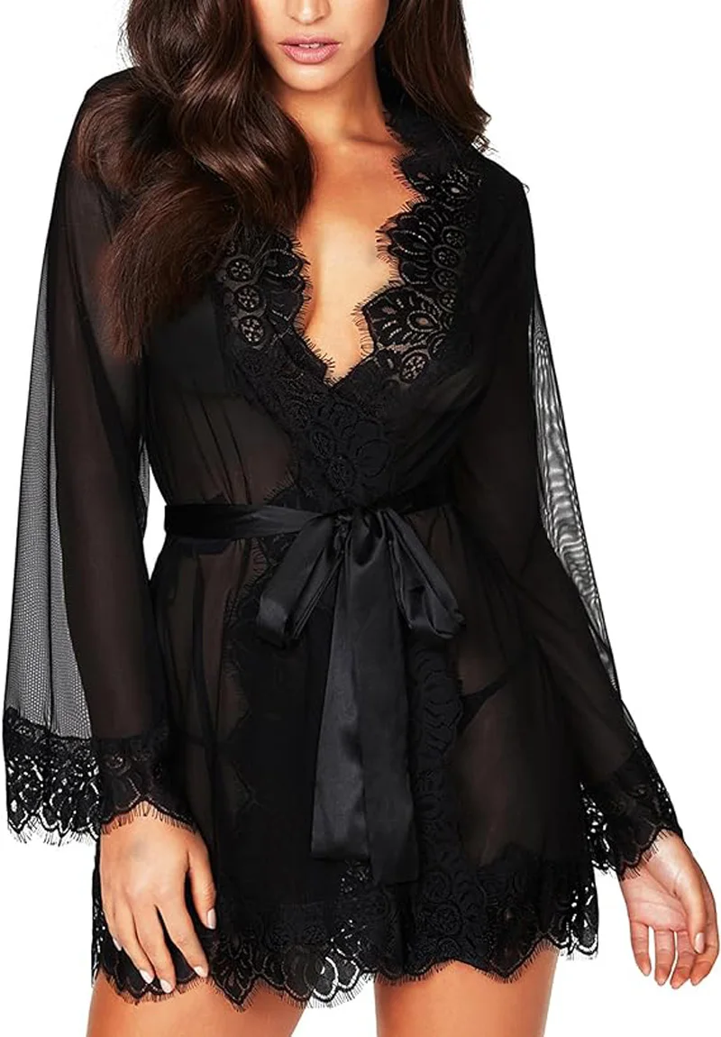 

Women Lace Kimono Robe Sexy Babydoll Lingerie Mesh Cover Up Bridal Lingerie