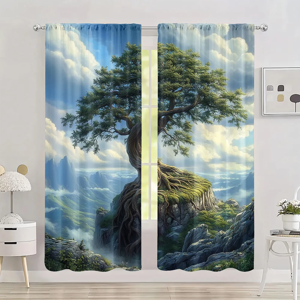 

2pc, Spring Window Curtain Fashion Style Trees Versatile Polyester Fabric,Without Electricity Spring Party & Holiday Decor for