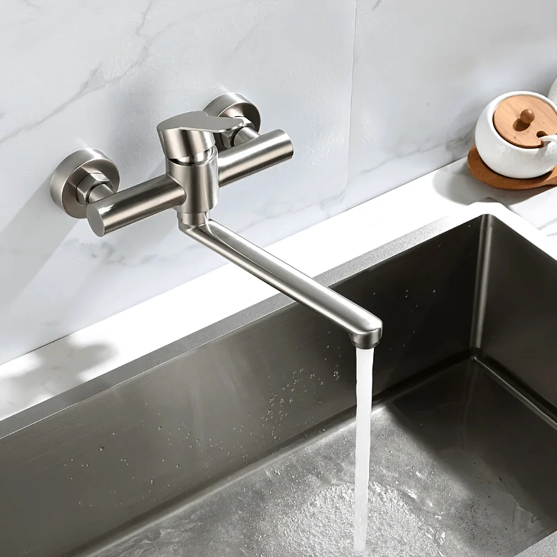 

304 stainless steel kitchen sink faucet - wall mounted rotating double handle hot and cold mixing valve