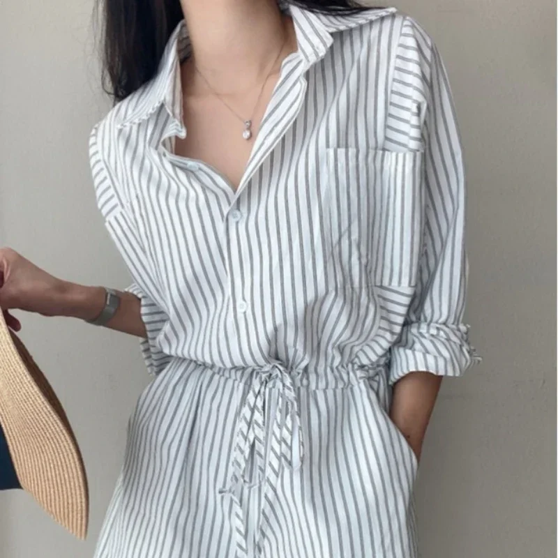 حقيقي 2025 الربيع الصيف جديد خمر مخطط المرأة بذلة أزرار فضفاضة غير رسمية جيوب الدانتيل متابعة السروال القصير للنساء #3