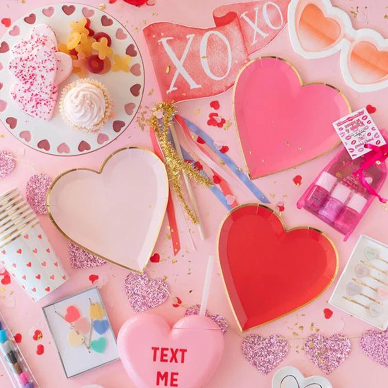 

40pcs Rose Heart Shape Disposable Tableware Rose Heart Plate Cup Napkin For Wedding Valentine's Day Party Decoration Supplies