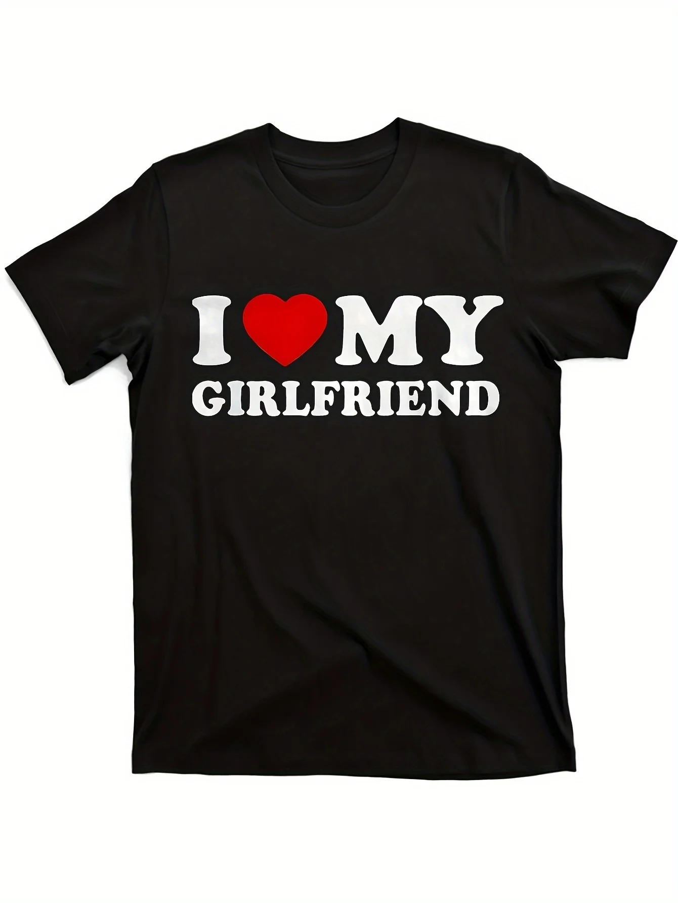 Funny Men's Black Graphic T-Shirt Heart Love My Girlfriend Bold Letter Print Romantic Statement Design 100% Cotton Heavyweight Short Sleeve Casual Streetwear Tee