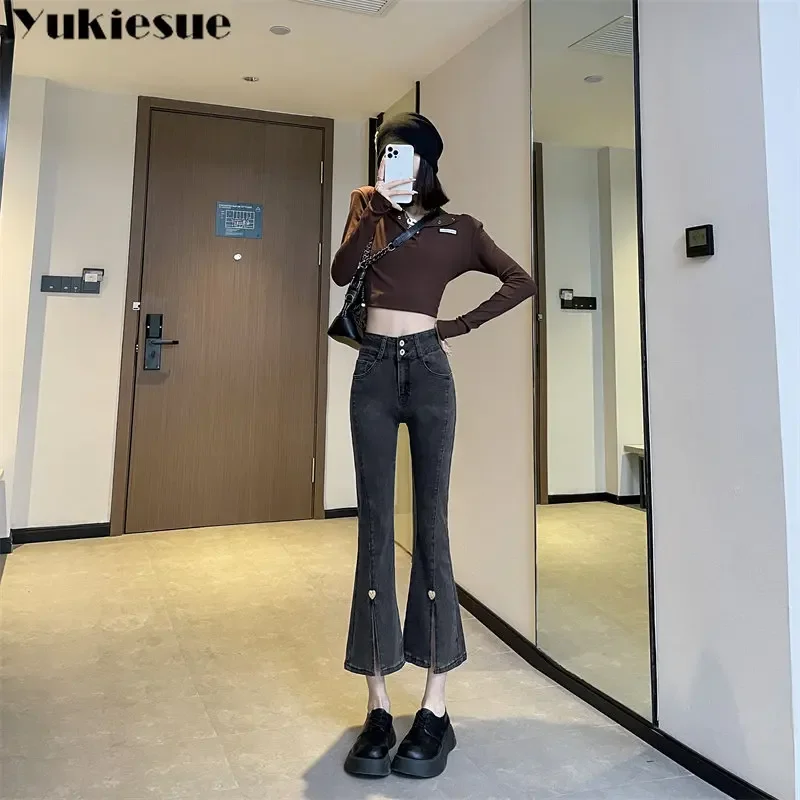 Korean Casual Slim Trendy Retro Stretchy Chic Ankle-Length Female Denim Jeans Women Front-Slit Spliced Flare Elegant Versatile