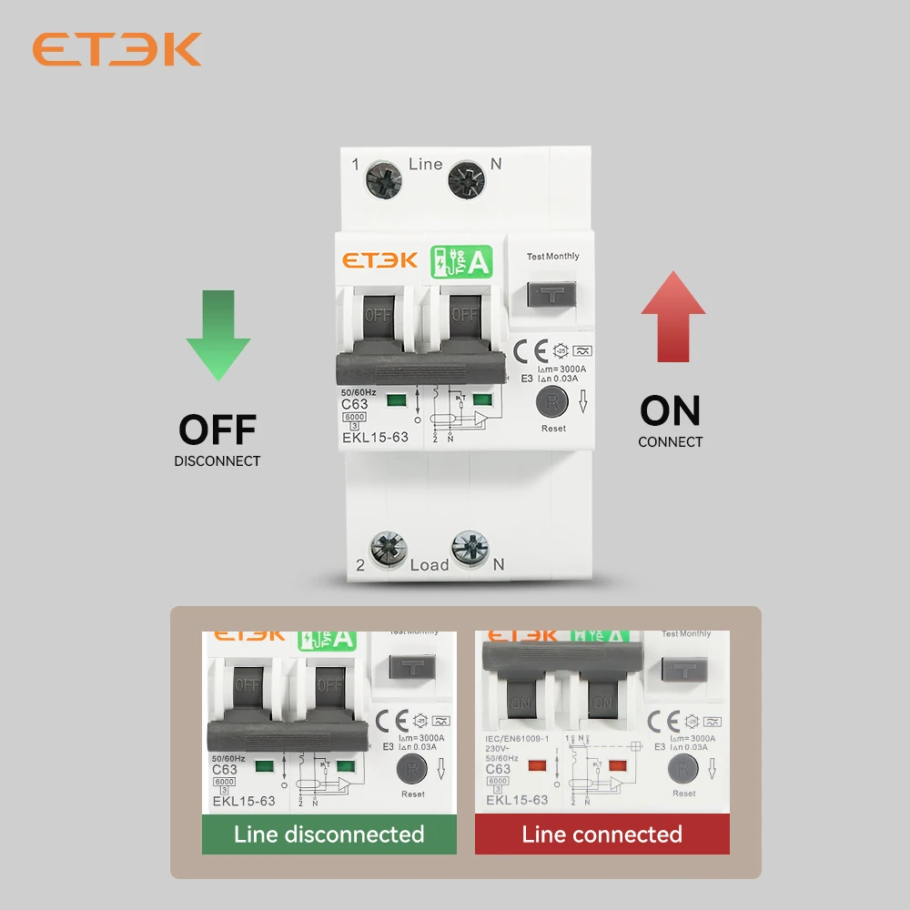 ETEC Atype RCBO 40A 63A Защита от перегрузки по току и утечки RCBO 6kA 2p Автоматический выключатель остаточного тока EKL15