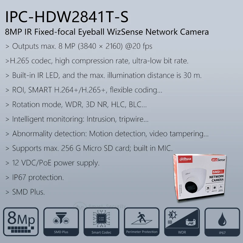 Dahua WizSense 4MP 5MP 8MP Camera Outdoor Mic Camera Vehicle & Human Detection CCTV SMD 4K IPC HDW2441T-S Replace HDW2431T-AS-S2