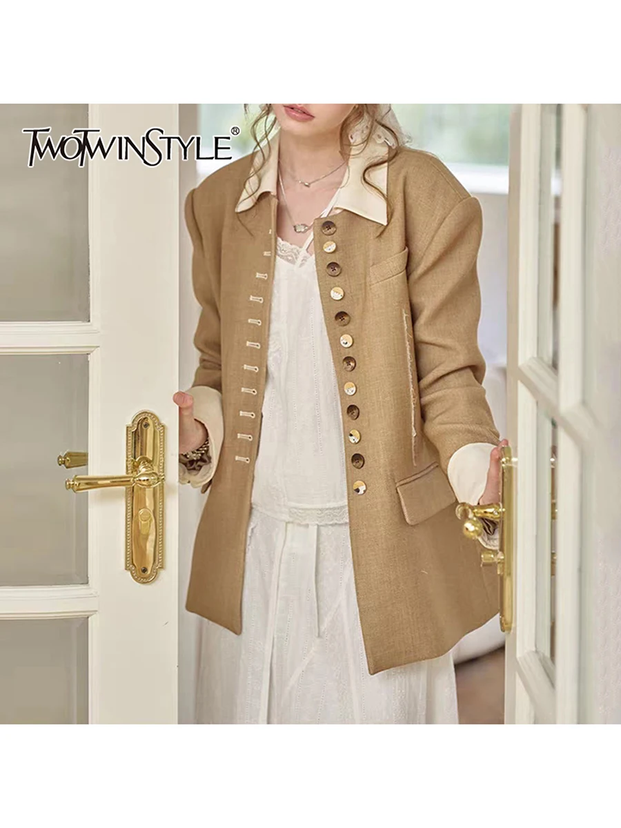 

TWOTWINSTYLE Hit Color Spliced Single Breasted Fashion Blazers for Women Lapel Long Sleeves Temperament Blazer Female Clothing
