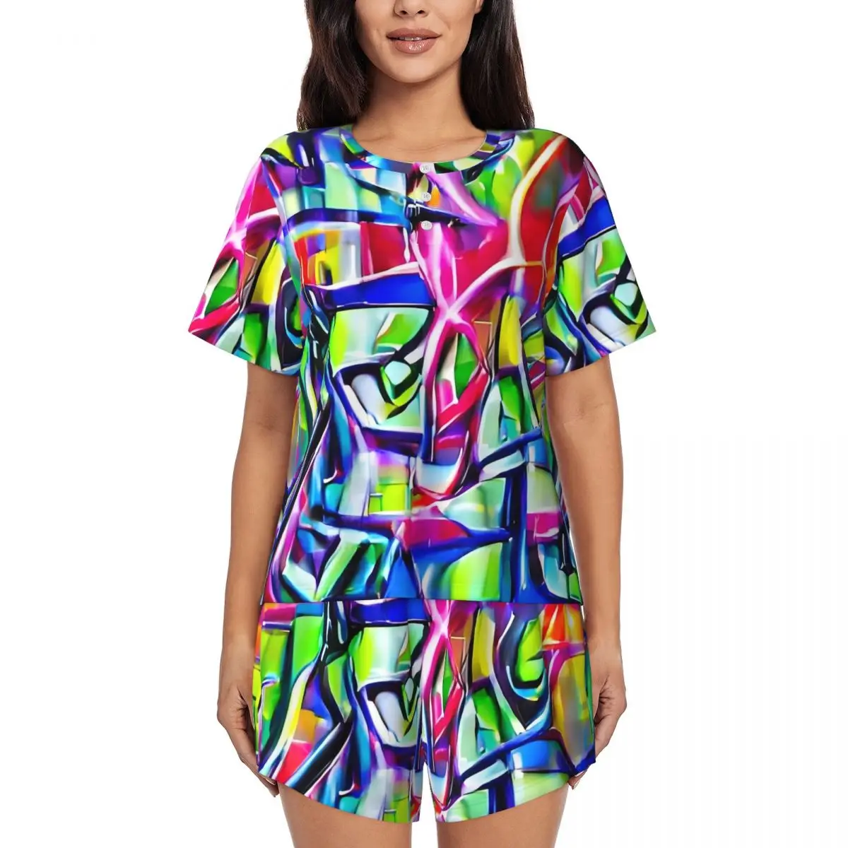 Shiny Graffiti Pajamas Summer 2 Pieces Colorful Print Funny Pajama Sets Lady Short Sleeve O Neck Room Design Nightwear