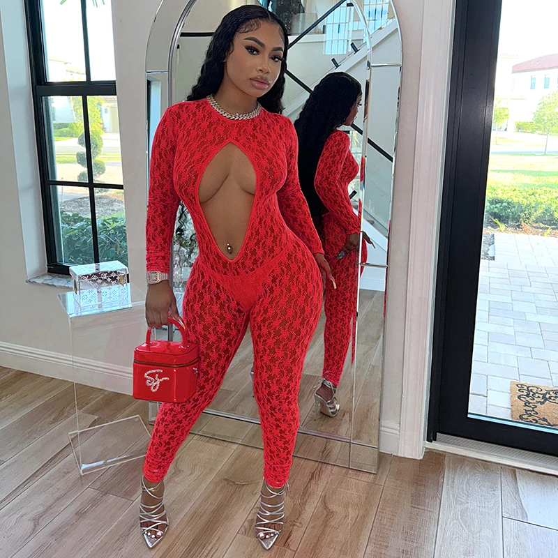 

Women Jumpsuit Coquette Jacquard Midnight Sexy Hollow Backless Full Sleeve Overalls Club Workout Activity Clubwear