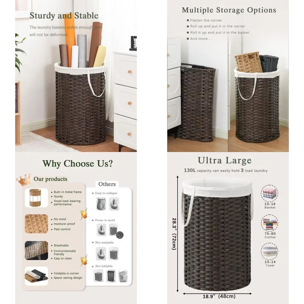 

Large Round Wicker Laundry Hamper with Removable Liner, 2 Mesh Bags, Brown, 130L Capacity
