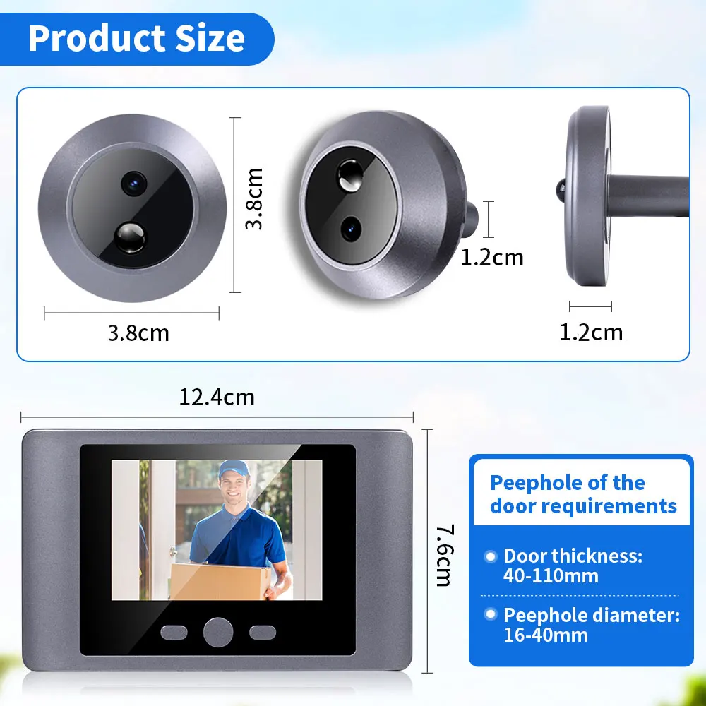 Yuezhe Mini Peephole Smart Wireless Door Viewer Camera PIR Motion Light Screen Alarm 2.8 inch Eye 2000mAh Type C charge NO WIFI