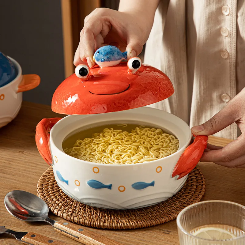 Marine Tableware with Lid, Ceramic Instant Noodle Bowl with Phone Holder, Double Ear Bowl, Restaurant Kitchen Utensils Soup Bowl