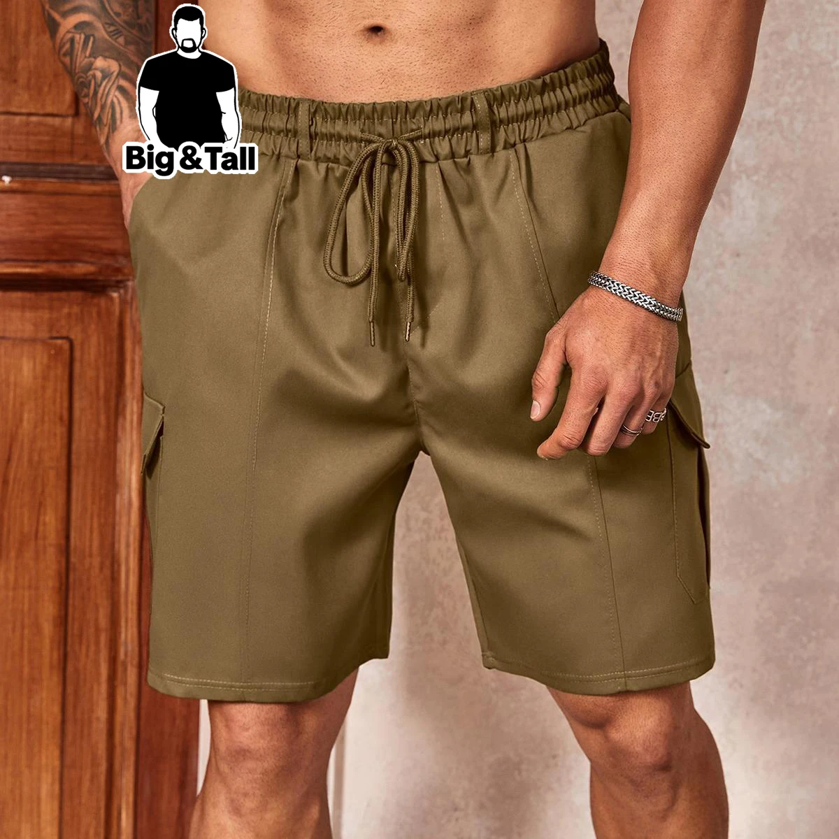

plus Size Men's Casual Solid Color Work Shorts with Adjustable Drawstring Waist Flip Pocket Lightweight Polyester Fabric for Sum