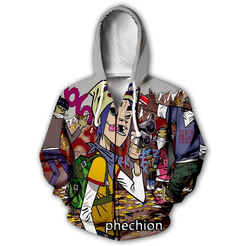 

phechion New Men/Women 3D Printed Anime Gorillaz Casual Zipper Hoodies Fashion Men Loose Sporting Zip Up Hoodies J34