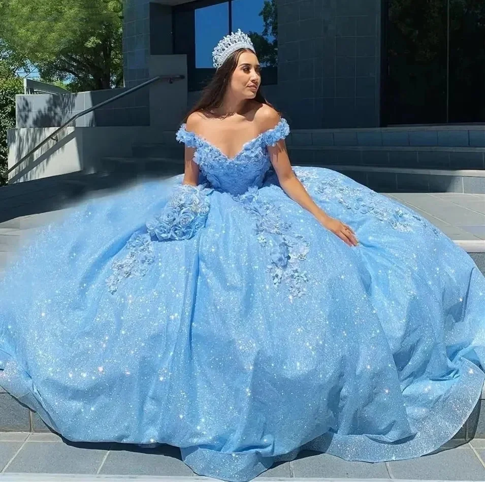 Doymeny Off Shoulder 3D Flowers Quinceanera Dresses Appliques Sparkling Tulle Party Ball Gowns vestidos de 15 quinceañera 16