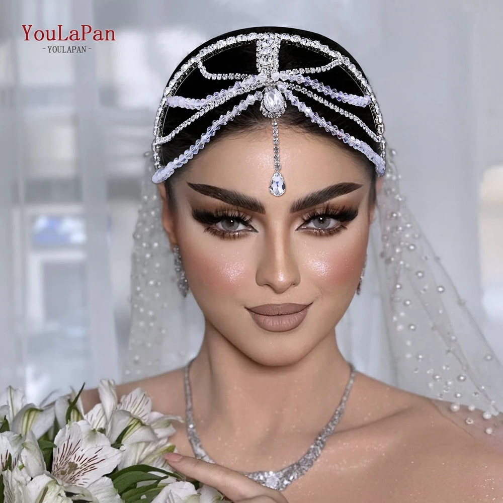 

YouLaPan Bridal Forehead Accessories Bride Headband Rhinestone Headwear Waterdrop Crystal Hair Tiara Bridesmaid Headdress HP665