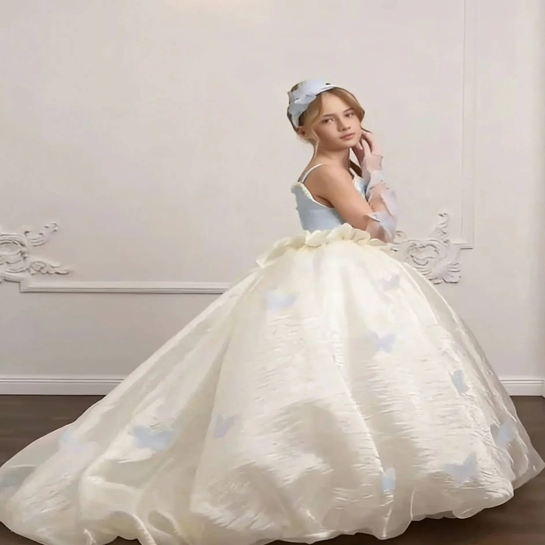 Elegant Organza Customized Flower Girl Dress For Wedding Pleated Floor Lenght Kids Birthday Party First Communion Gown