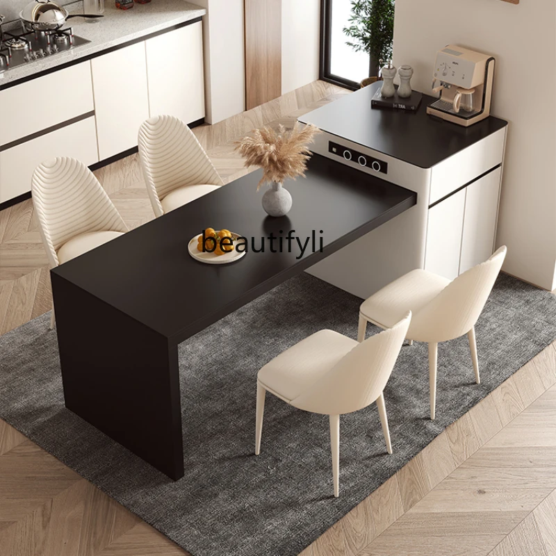 

Modern Minimalist Stone Plate Kitchen Island Dining Table Integrated Retractable Solid Wood Storage Guest Restaurant