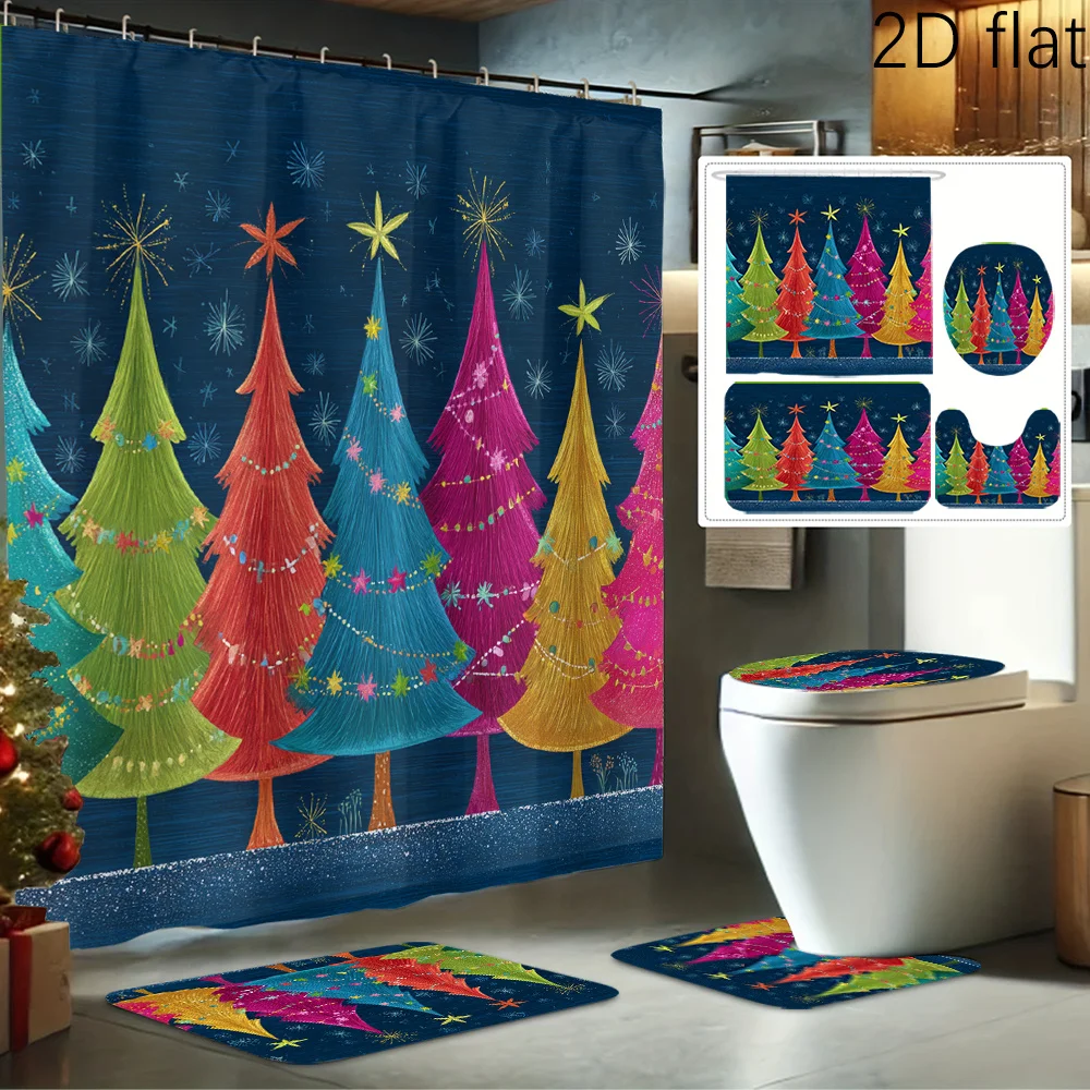 

2Dflat 4pcs Colorful Tree Night Sky Bright Print Shower Curtain Set, Decorative Bathroom Set Includes Shower Curtain, Non