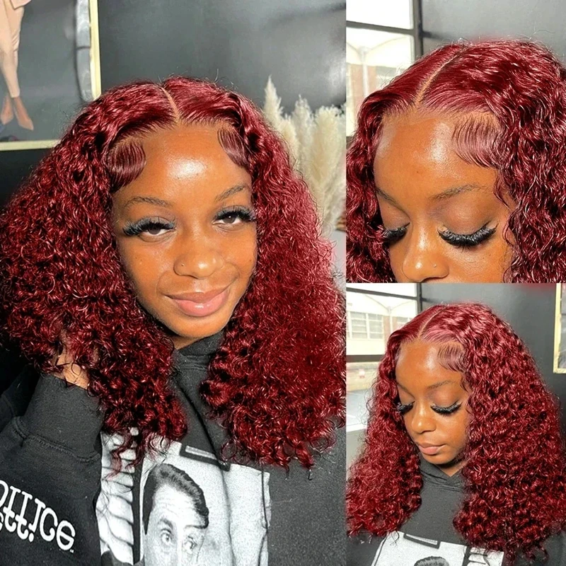 99J Farbige Lockige Tiefe Wasser Welle Spitze Vorne Perücke Burgund Rot Remy Short Cut Bob Frontal Menschliches Haar Perücken Frauen Vor Gezupft perücken