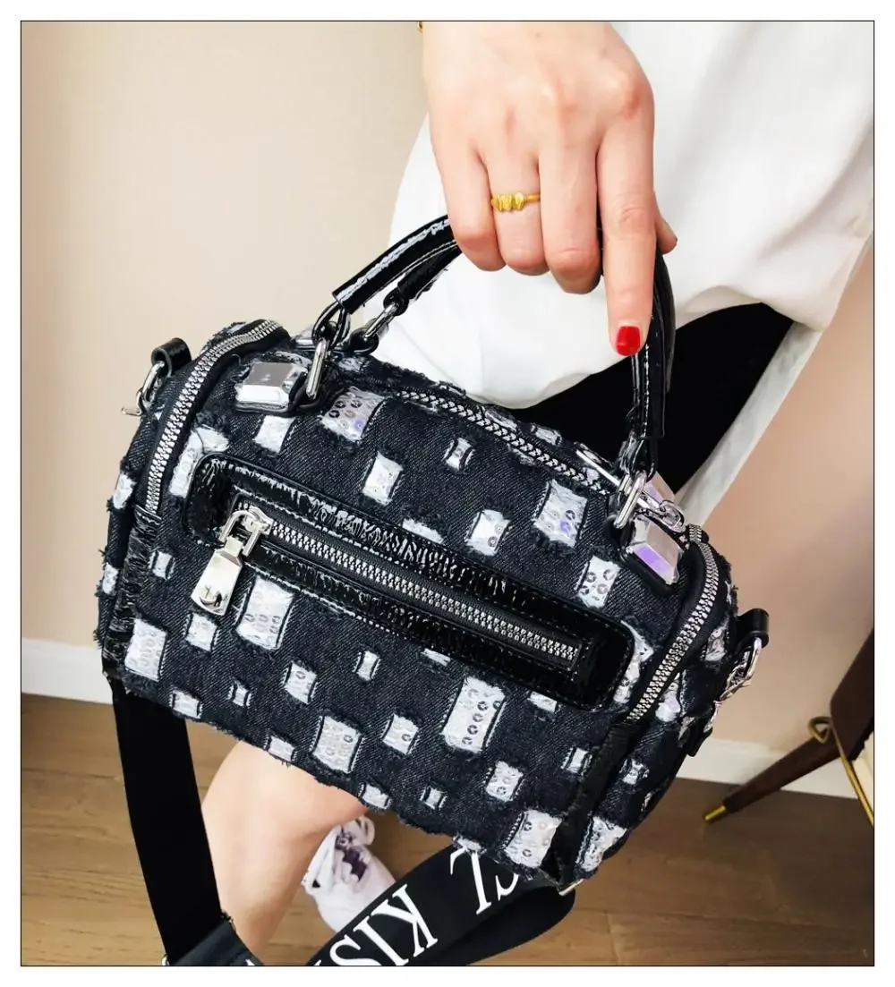 Women Fashion Ripped Jeans Denim Paillette Hobo Handbag Lady Fashion Daily Rivet PU Vegan Leather Pockets Designer Messenger Bag