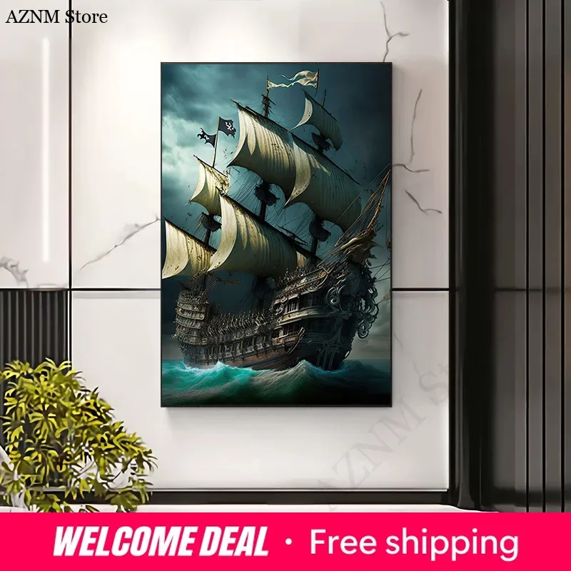 Abstract Pirate Ship Sea Moon Night Poster Print Canvas Painting Wall Art Picture For Living Room home Decoration Cuadros