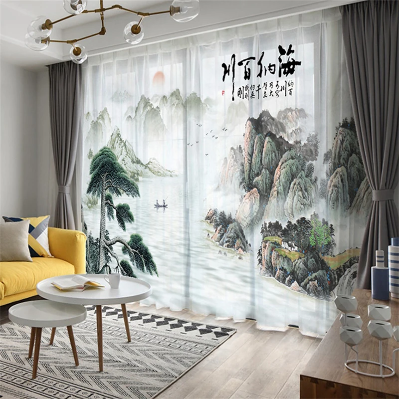 

Custom Chiffon Sheer Curtain Window Drape for Bedroom Living Room Mountain Hill Trees River Boat Sunrise Landscape