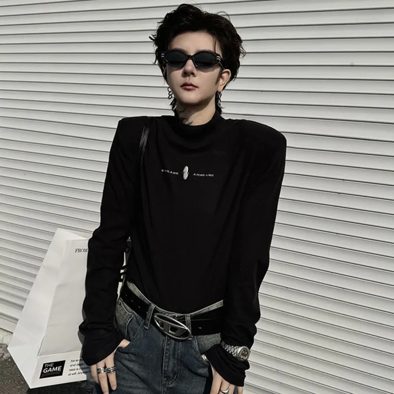 IEFB Male T-shirt Letter Printing Causal Mock Neck Contrast Color Men's Pullover Tops Chic New Trendy Tees Autumn 2024 9C4150