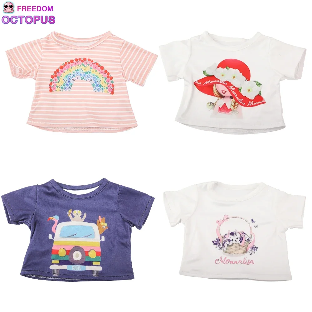 Doll Cartoon Car Rainbow Little Girl Summer Cotta T-shirt For 43cm Bany New Born Doll Fit 18 Inch American Doll Girl's Gift Toy