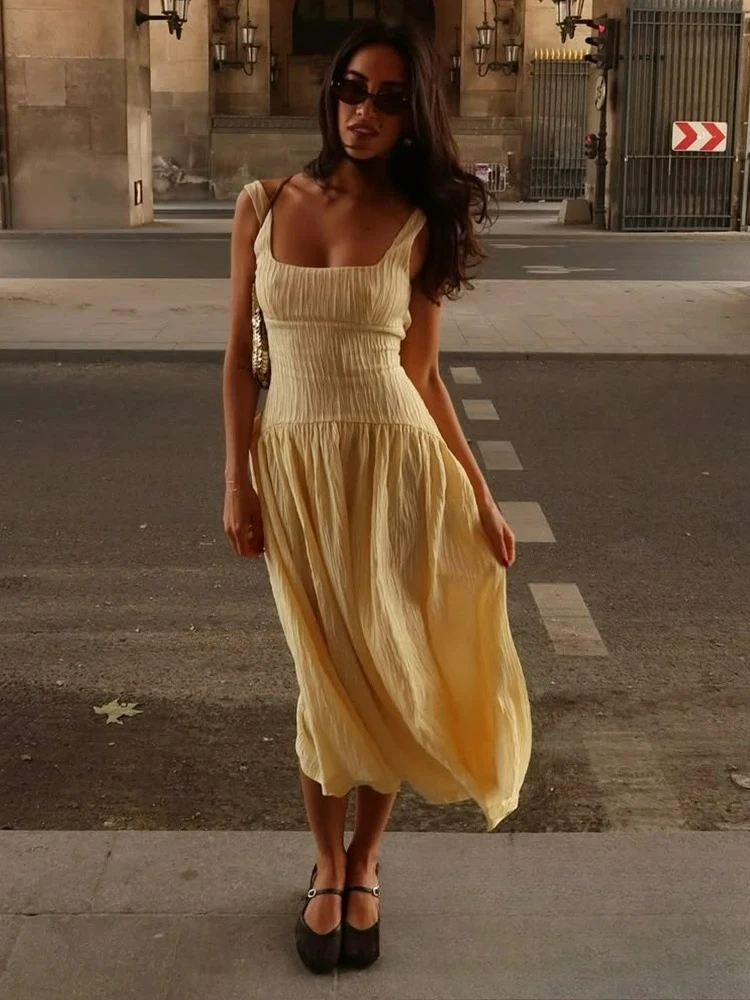 KONDALA Sexy Casual Chic Women Dress Solid Ruffles Cami Long Dress New Fashion 2025 Spring Summer Boho Party Female Dress