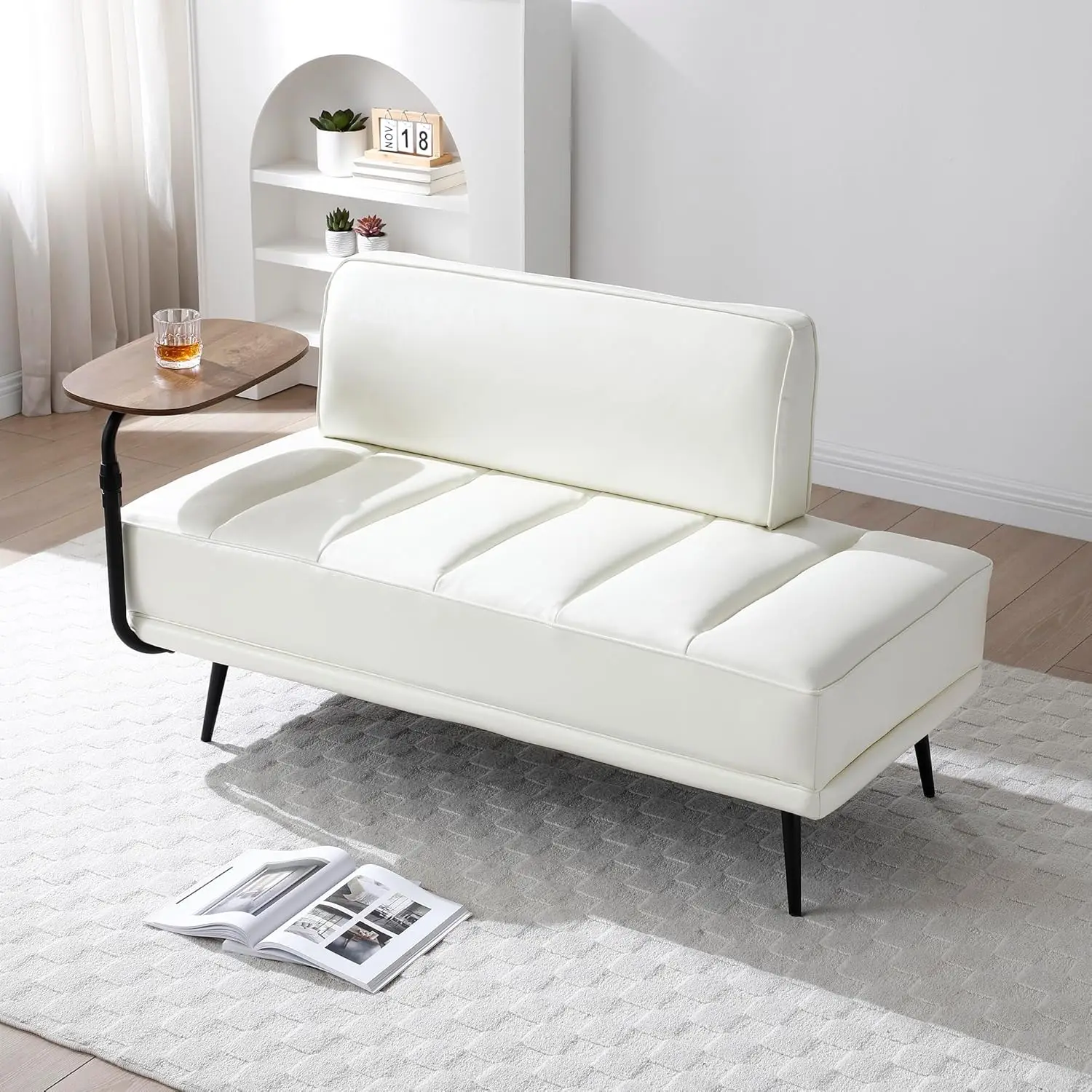 Modern Upholstered End of Bed Bench with 360-Degree Swivel Tray 2 Seater Sofa Couch with Side Table Settee Bench with Metal Legs