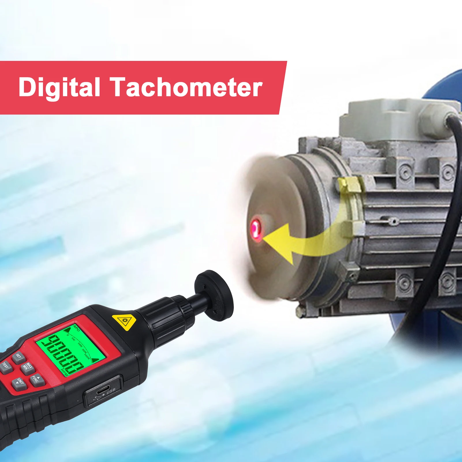 مقياس سرعة الدوران الرقمي 2 في 1 مقياس سرعة الدوران الاستشعار الكهروضوئي مقياس سرعة الدوران تسجيل القيم القصوى تلقائيا مع شاشة LCD #4