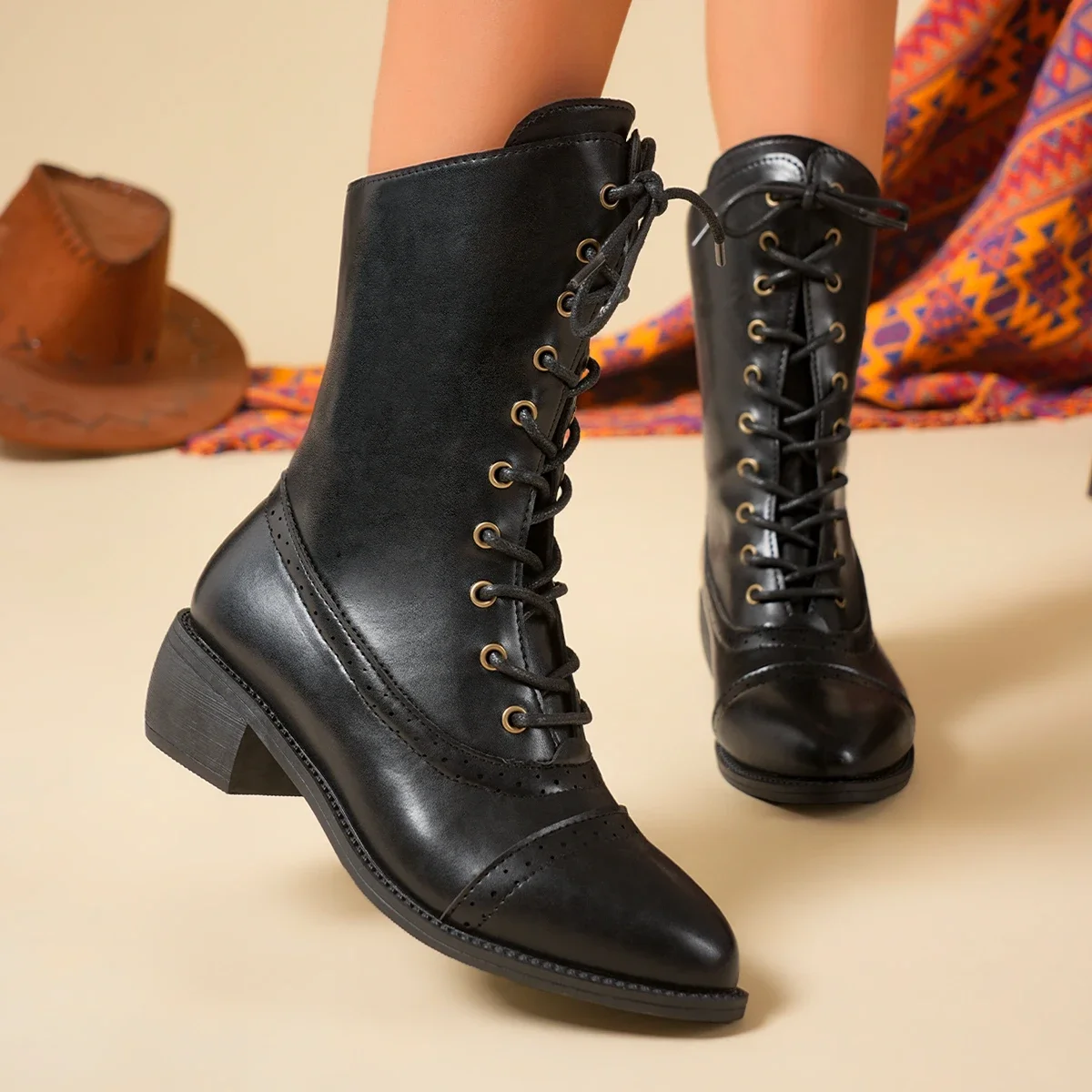 Botas de caña media con cordones para mujer, estilo cowboy, con tacón medio, punta redonda, estilo Brock, tendencia de otoño e invierno