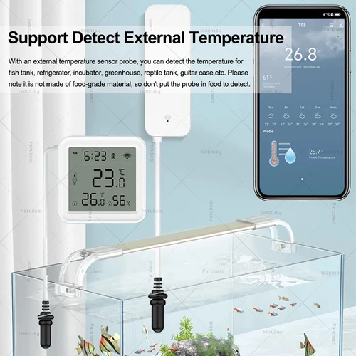 Imagen 2 del producto Sensor de temperatura y humedad WiFi con sonda externa, higrómetro termo inteligente Tuya, Monitor remoto para acuario, bodega y piscina