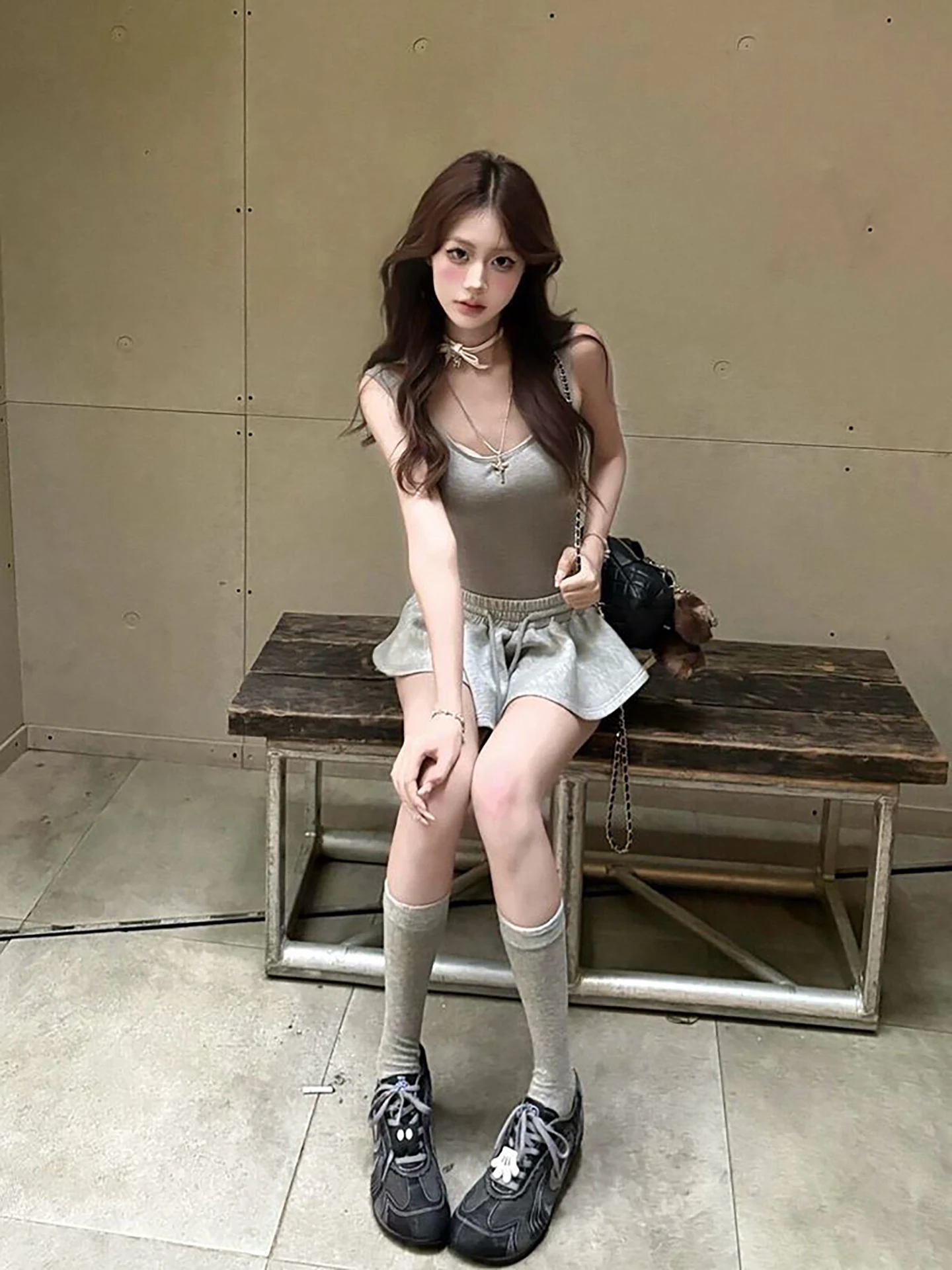 Gray Anti-Light Walking Short Skirt Two-Piece Set Women's Summer New Sweet And Spicy Girl Pure Desire Backless One-Piece Top - view 5