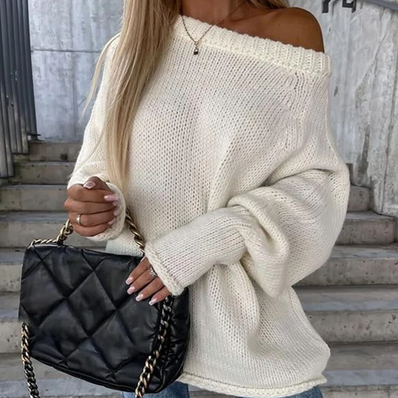 2024 Fashion One Shoulder Oversize Sweaters Ladies Fall Winter Long Sleeve Commuter Top Sexy Elegant Knit Crochet Sweater Women