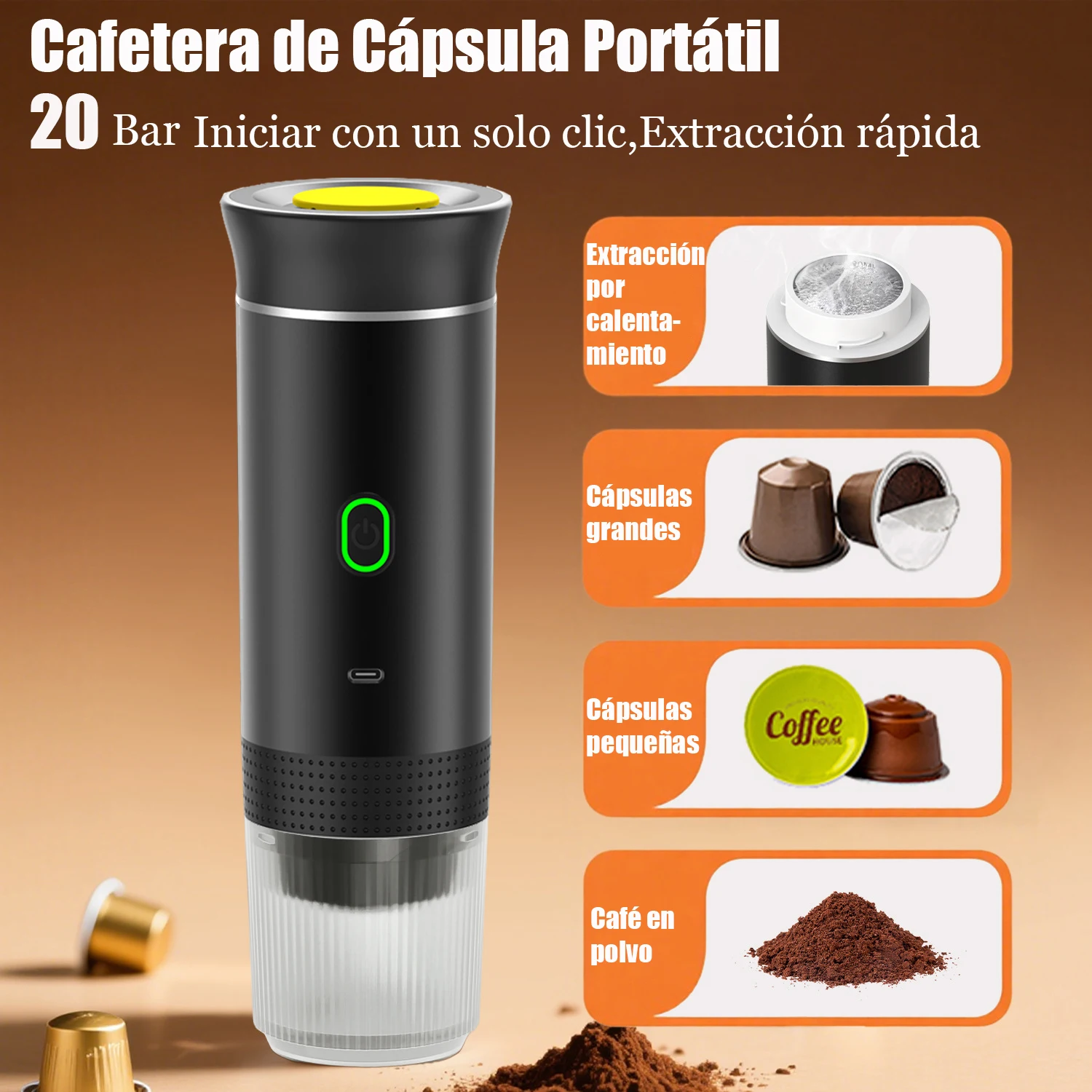 Cafetera Espresso portátil eléctrica inalámbrica para coche y hogar, cafetera de viaje, cafetera con extracto de polvo de cápsula 3 en 1