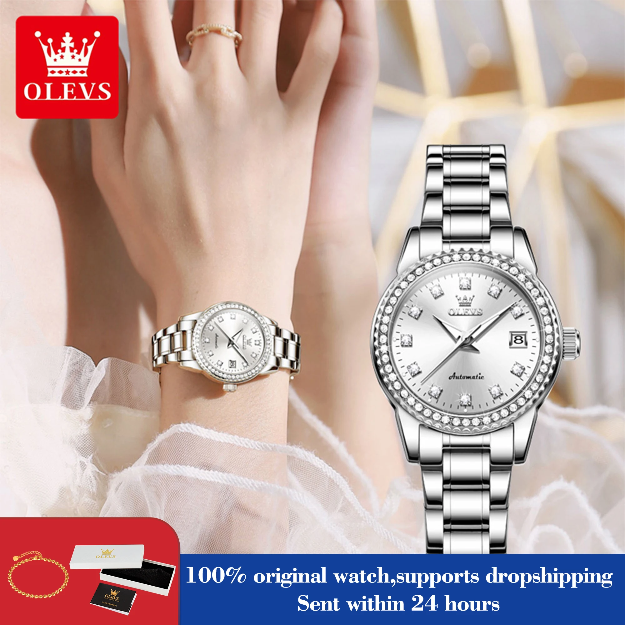 

OLEVS 7003, женские автоматические часы с бриллиантовой шкалой, механические часы для женщин, стальной ремешок, роскошные женские часы с датой, водонепроницаемые