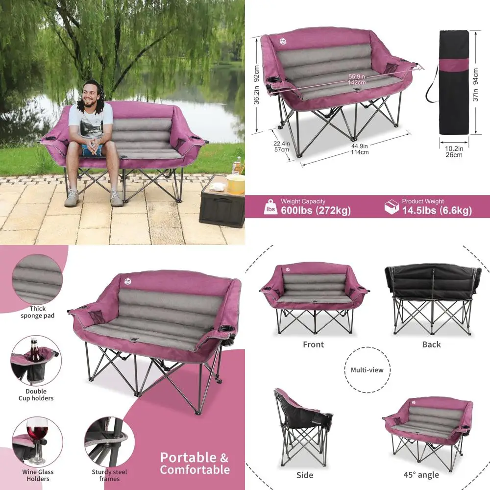 

Oversized Double Camping Chair, Fully Padded Loveseat, Heavy Duty Folding Duo Chair w/Cup Holders, Armrests & Carry Bag, Support