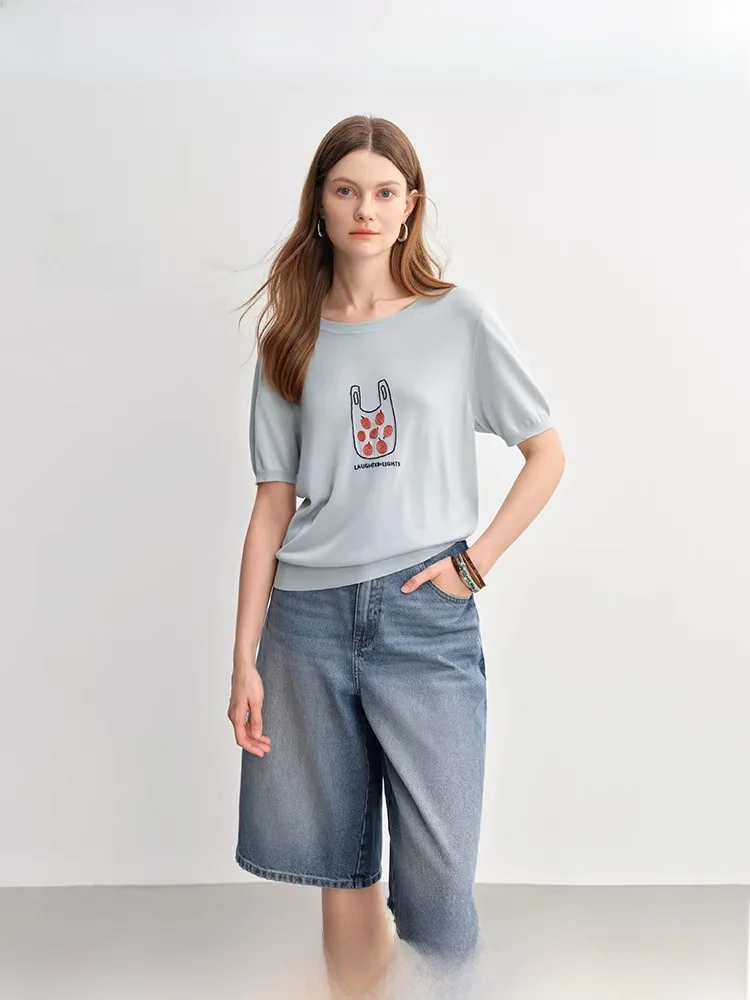 

Летняя женская футболка большого размера с вышивкой фруктов, из лиоцелла, с коротким рукавом, вязаный топ, уникальный дизайн, повседневная модель