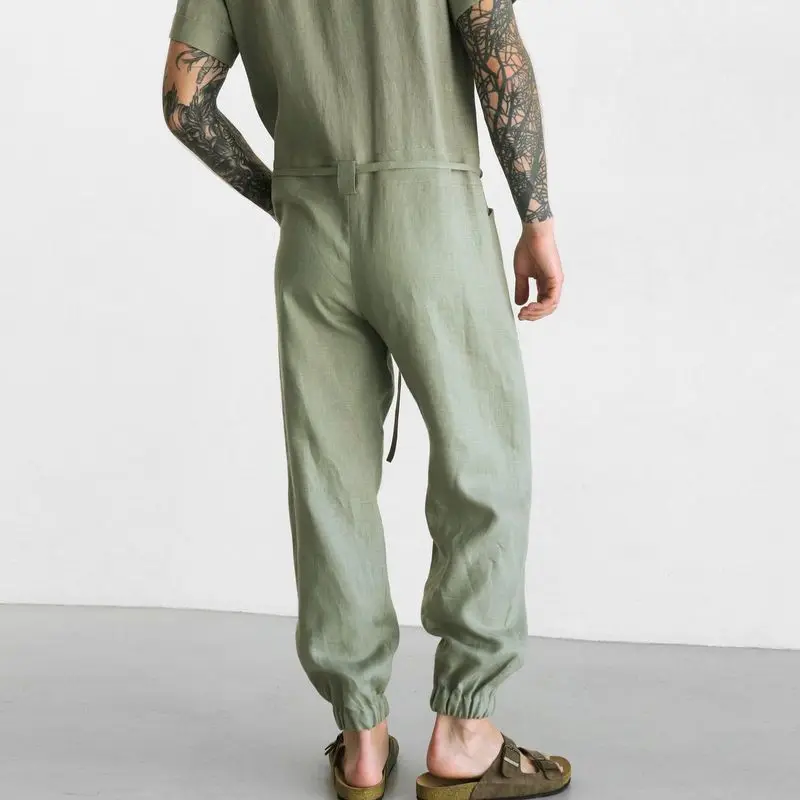 New Fashion Men's Linen Breathable Summer Leisure Suit Short-Sleeved One-piece Overalls Trousers Jumpsuit