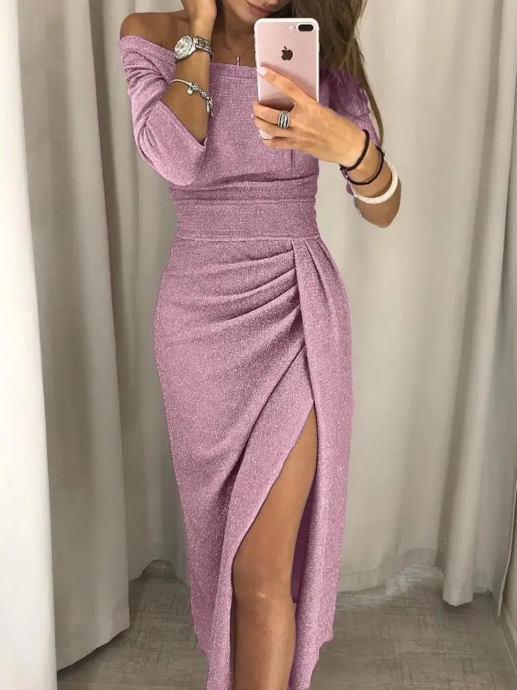 Sexy Off Shoulder Bodycon Dress Women Summer Autumn Long Sleeve Bright Glitter Slit Fashion Elegant Evening Party Long Dress