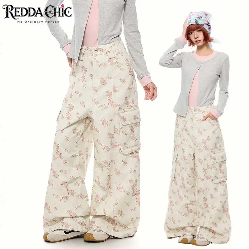 REDDACHiC Cutecore Floral Cargo Jeans Korean Multi-pocket Loose Fit Low Waist Wide Leg Denim Joggers Lounge Woman Streetwear