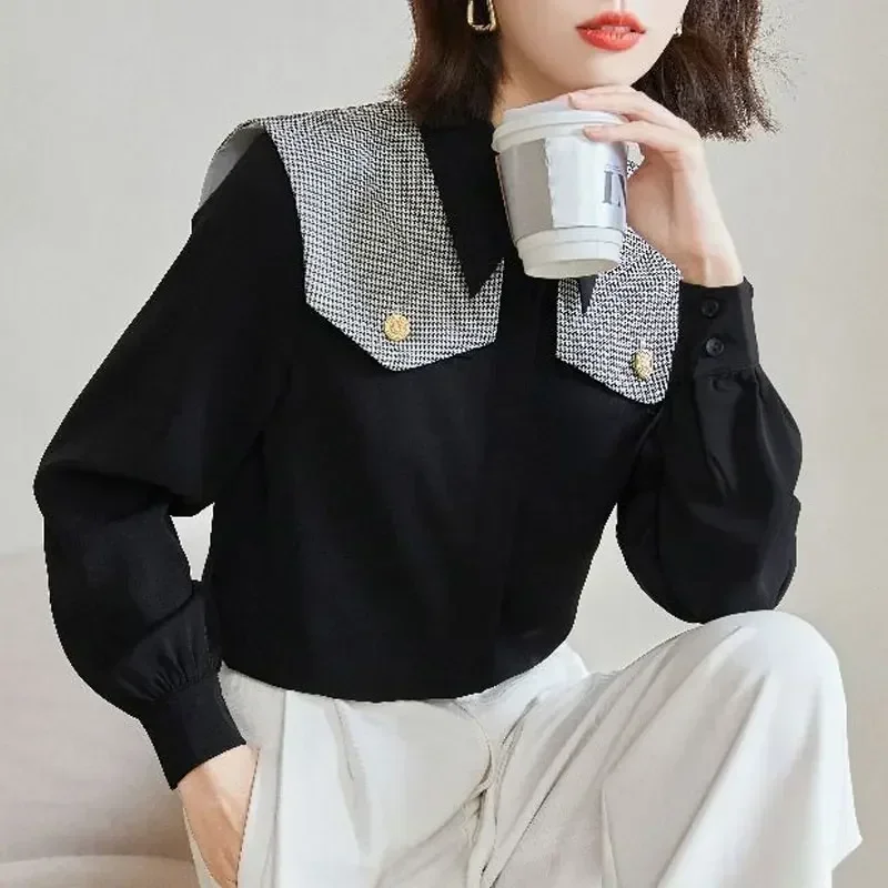 

Офисная женская блузка в клетку с воротником-поло, однотонная, стильная, на пуговицах, с длинным рукавом, весна-осень 2023