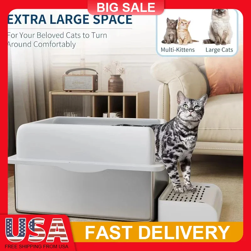 

XXL Stainless Steel Cat Litter Box Extra Large for Big Cats High Sides Non Slip Bottom Removable Top Platform Step with Scoop