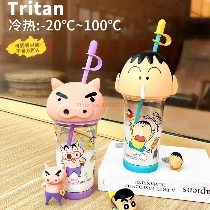 

500-600ml Crayon Shin-Chan Cute Big Head Kawaii Heat-Resistant Anime Plastic Water Cup Student Large Capacity Portable Straw Cup